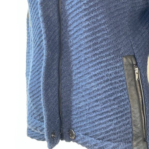 NWT $380 AMS PURE Blue Black Faux Leather Trim Sweater S 6 - Picture 3 of 5